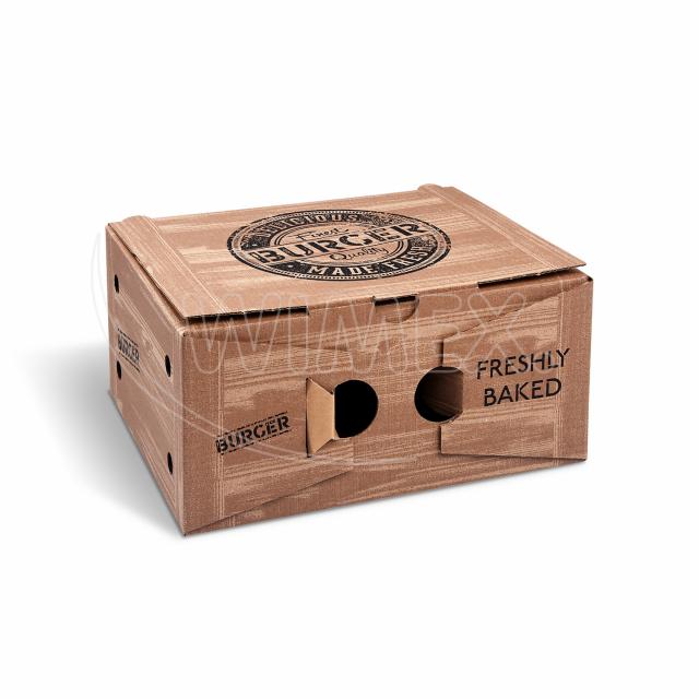 Burger box (mikrovlnitá lepenka) 2dielny kraft s potlačou 210 x 160 x 100 mm [100 ks]